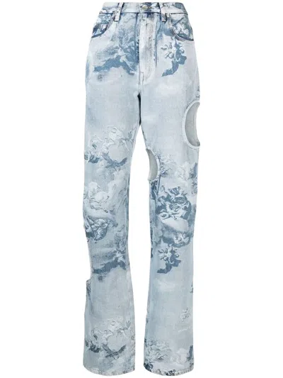 Off-white Cut-out Detail Denim Jeans In Cyan