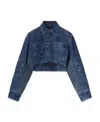 Off-white Cropped Denim Moto Jacket With Front Cutout In Blue