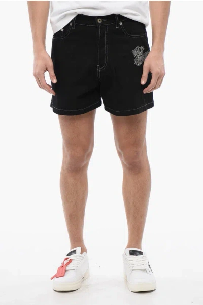 OFF-WHITE DARK WASHED SHORTS WITH LOGO EMBROIDERY