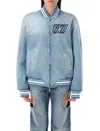 Off-white Virgil Obloh Beached Denim Bomber Jacket In Blue