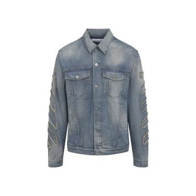 OFF-WHITE DENIM JACKET WITH FRAYED DIAGONAL STRIPES