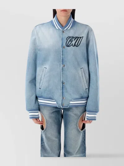 Off-white Denim Varsity Flight Jacket Stripes In Blue