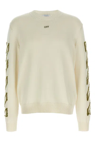 Off-white Diagonal Knit Crew Neck Sweater Ribbed In Neutral