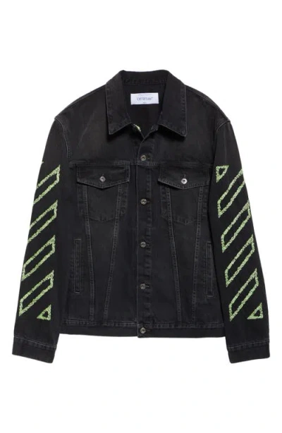 Off-white Diagonal Arrow Outline Embroidered Denim Skate Jacket In Vintage Black