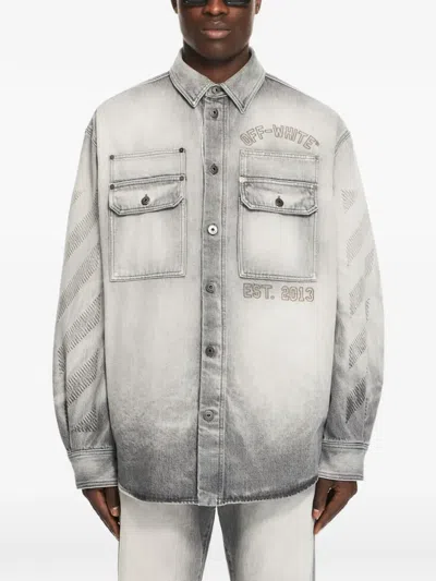 Off-white Diagonal Embroidery Faded Overshirt In Gray
