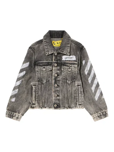 Off-white Kids' Diagonal Sponge Frayed Denim Jacket In Gray
