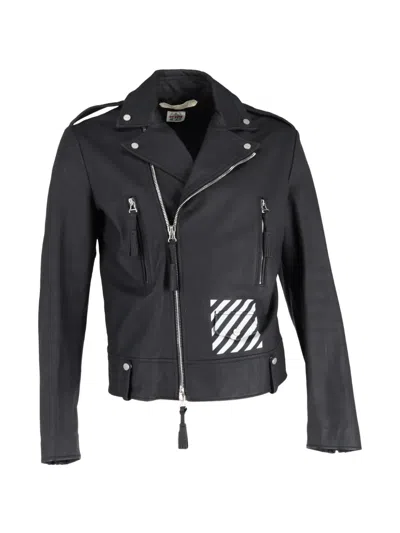 Pre-owned Off-white Diagonal Stripe Leather Biker Jacket In Black