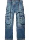 OFF-WHITE DISTRESSED COTTON DENIM CARGO JEANS WITH HARNESS DETAILS