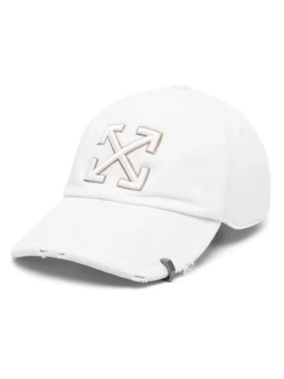 Off-white Distressed Denim Baseball Cap In White