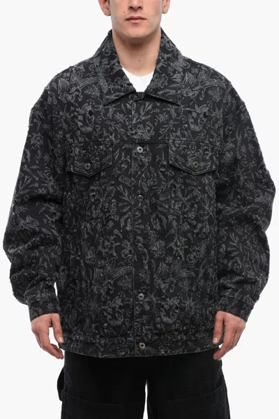 Off-white Distressed Design Tattoo Laser Denim Jacket In Black