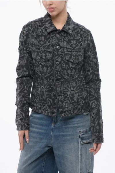Off-white Distressed Denim Jacket With Tattoo Motif In Black