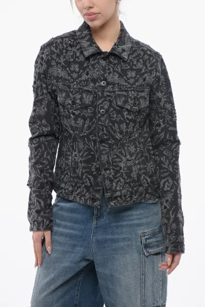 Off-white Distressed Denim Jacket With Tattoo Motif In Black