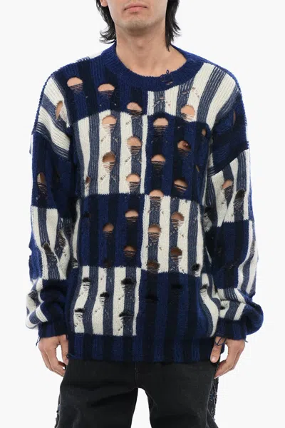 Off-white Distressed Effect Shibori Tartan Crewneck Sweater In Blue