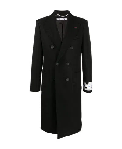 Off-white Double-breasted Logo Print Coat In Black
