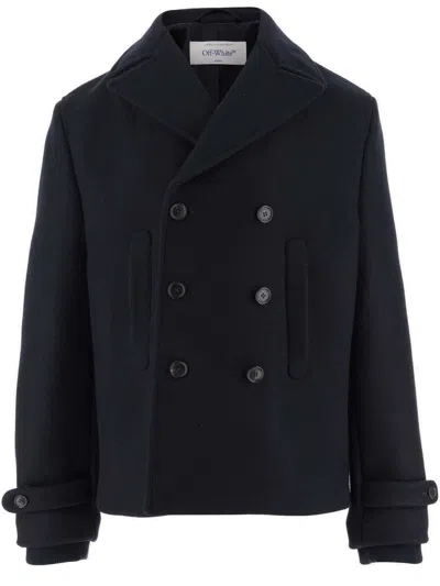 Off-white Double-breasted Long-sleeved Peacoat In Teal