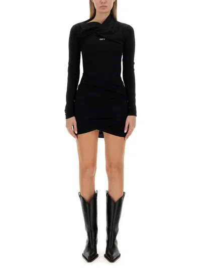 Off-white Draped Neckline Slim Fit Mini Dress