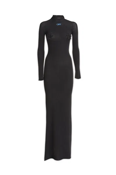 Off-white Flower Long Dress With Hood And Blue Logo