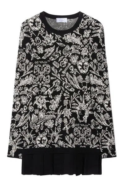 Off-white Intarsia-knit Pleated Dress In Black