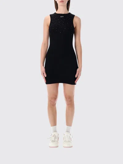 Off-white Ribbed Swarovski Crystal Slim Mini Dress In Black