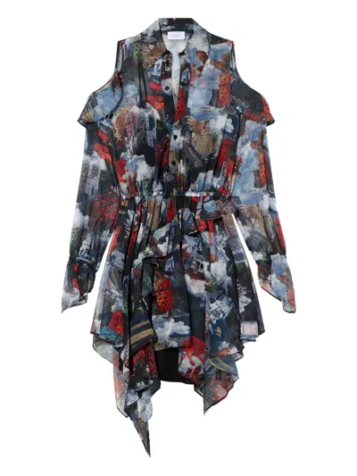 Off-white World Paint Geo Ruffled Asymmetric Mini Dress In Blue