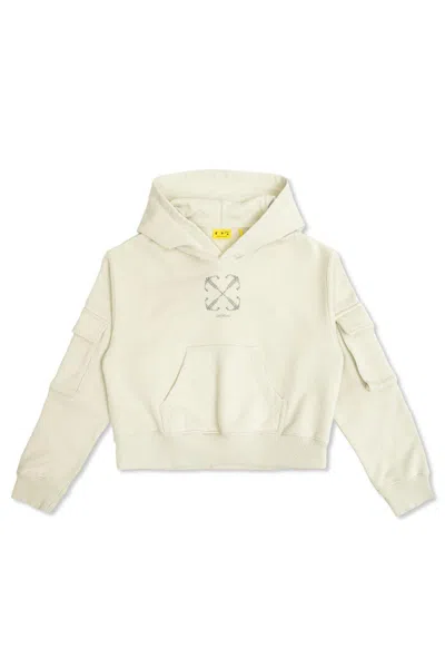Off-white Kids' Embellished Cropped Cargo Hoodie In Beige