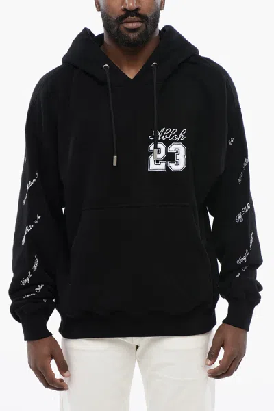 Off-white Embroidered Brushed Cotton Hoodie In Black