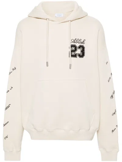 Off-white Embroidered-logo Cotton Hoodie In Beige