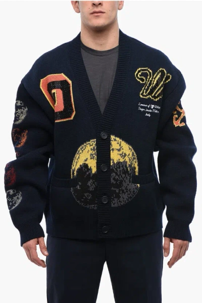Off-white Embroidered Moon Phase Wool Blend Cardigan In Blue