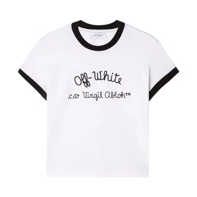 Pre-owned Off-white Embroidered Script Type Fitted T-shirt 'white/black' | Women's Size Xl