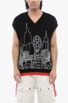 Off-white Relaxed Fit V Neck Sleeveless Knit Jumper With Skyline Graphic