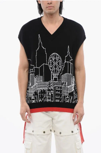 OFF-WHITE EMBROIDERED SKYLINE SLEEVELESS SWEATER