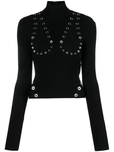 Off-white Eyelet-embellished High Neck Knit Top In Black For Women