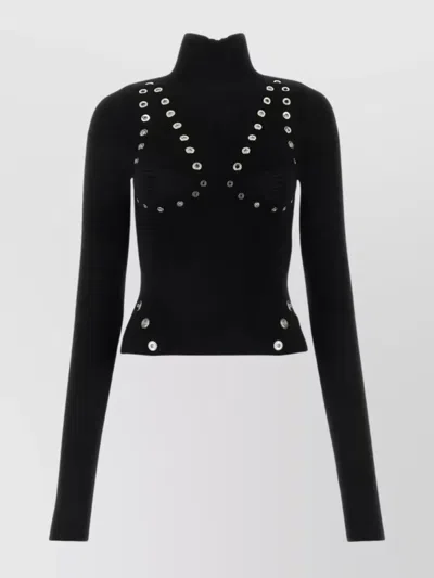 OFF-WHITE EYELET-EMBELLISHED HIGH-NECK LONG-SLEEVE KNITTED TOP