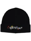 Off-white Floral Beanie With Ribbed Turn-up Brim In Black