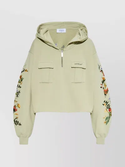 Off-white Floral Crop Hoodie Pockets