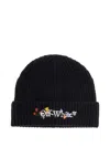Off-white Floral Beanie With Ribbed Turn-up Brim In Black