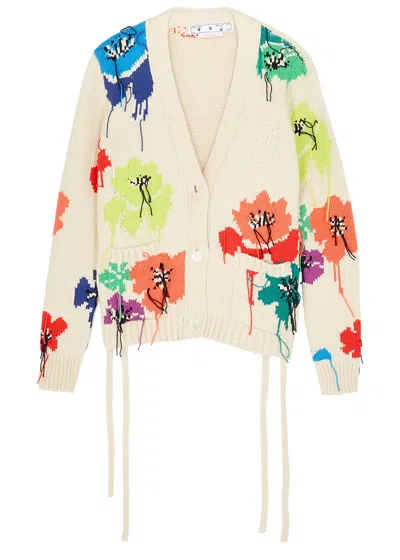 Off-white Floral-intarsia Cotton-blend Cardigan In Beige