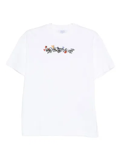 Off-white Floral Embroidery Cotton Crew Neck T-shirt In White