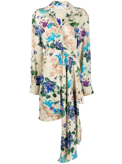 Off-white Floral-print Asymmetric-hem Shirtdress In Neutrals