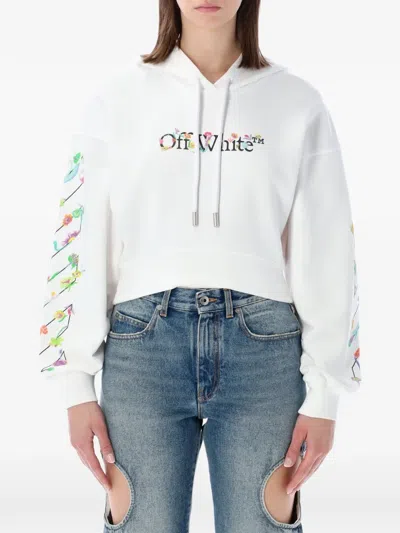 Off-white Floral-print Cropped Hoodie In White