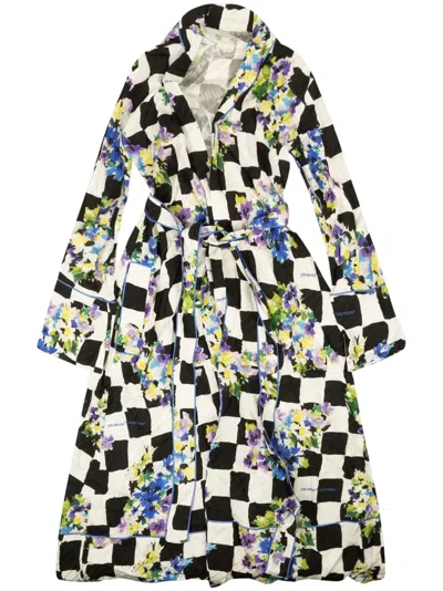 Off-white Floral-print Satin Pajama Robe In White