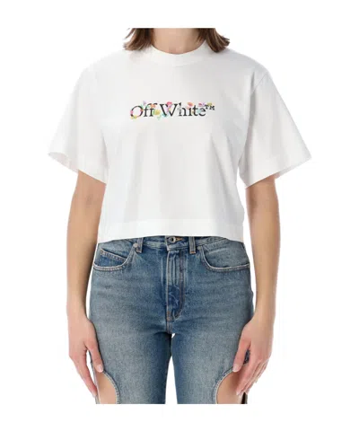 Off-white Floral Graphic Cropped Crew Neck Top In White