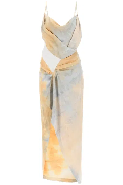 Off-white Fluid And Stylish Draped Dress With Asymmetric Design For Women In Multicolor