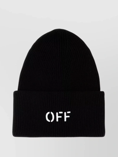 Off-white Folded Brim Cotton Blend Beanie In Black