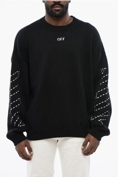 Off-white For Ever Cotton Blend Stitch Arrow Crewneck Sweater In Black