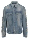 Off-white Denim Jacket With Frayed Diagonal Stripes In Blue
