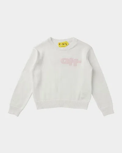 Off-white Kids' Girl's Logo Type Crewneck Sweater In White Pink