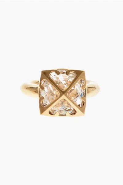 Off-white Golden Brass Ring With Crystal