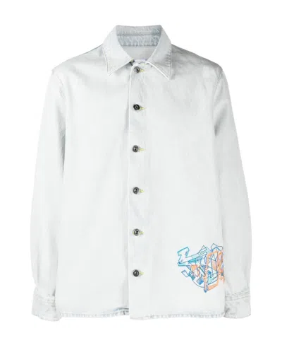 Off-white Off White Graffiti Logo Denim Overshirt Jacket In Blue
