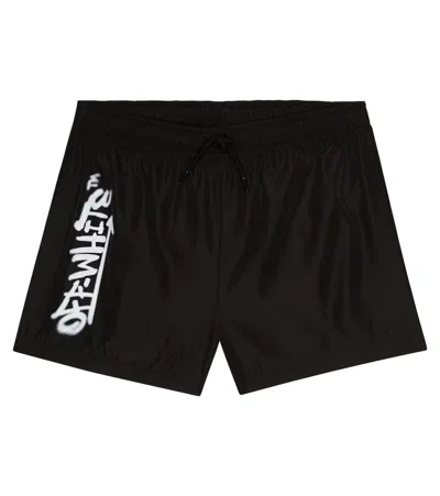 Off-white Kids' Off Graffiti Swimming Trunks In Black White